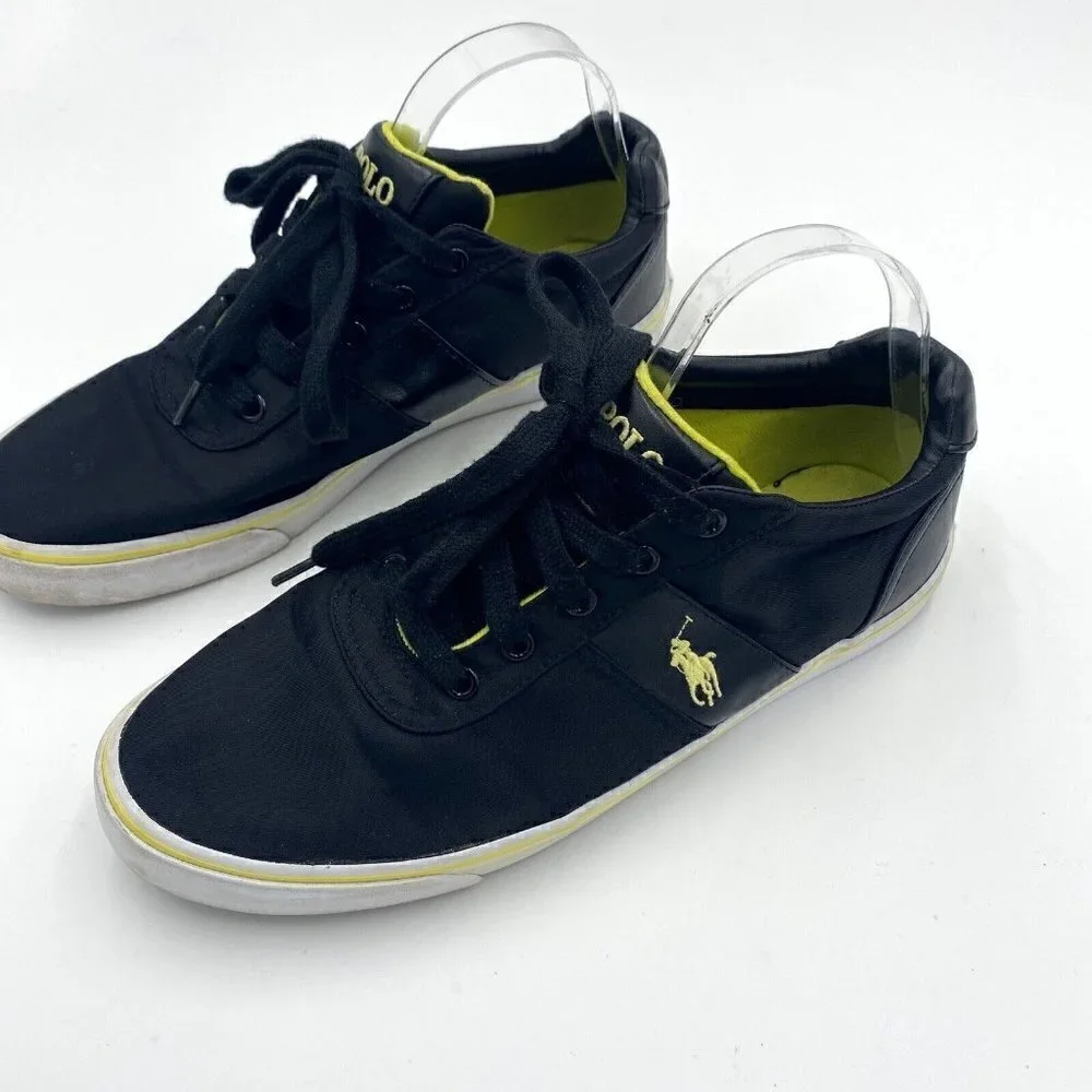 Polo Ralph Lauren Hanford Mens Sneakers 9.5D Canvas/Leather Black w/ Yellow Logo